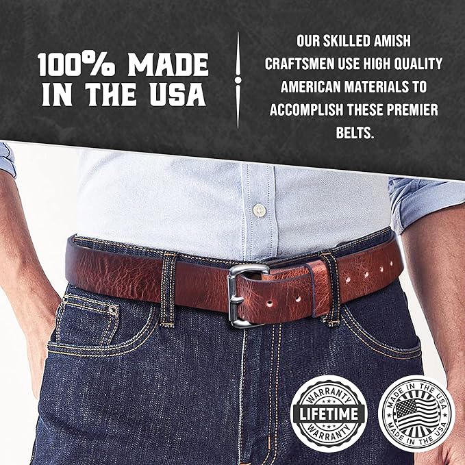 Mens Belts Leather Veg Oil Tan, Genuine Buffalo Leather Handmade By Amish, 1.5 Inch Wide & 3.6mm Thickness TOPNOTCH WORLD