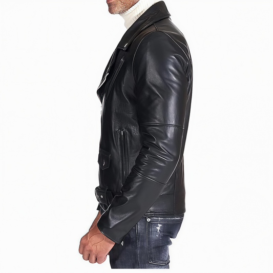 Men's Brando Leather Jacket TN3BK Asymmetrical Cafe Racer Style Short Length Genuine Real Sheepskin Black Color with YKK Zips & Multiple Pockets
