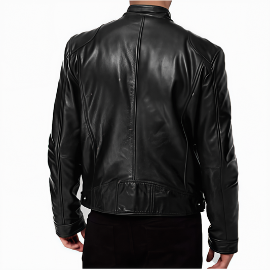 Men's Cafe Racer Style Leather Jacket TN1BK - Short Length Genuine Real Sheepskin Black Color with YKK Zips & Multiple Pockets