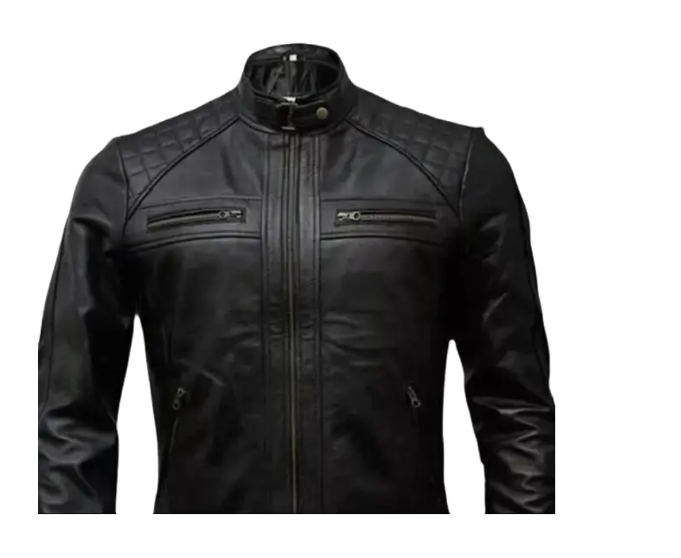 Men's Cafe Racer Style Leather Jacket Real Sheepskin Leather Black Color with Embellished Shoulders YKK Zips & Multiple Pockets TN6BK