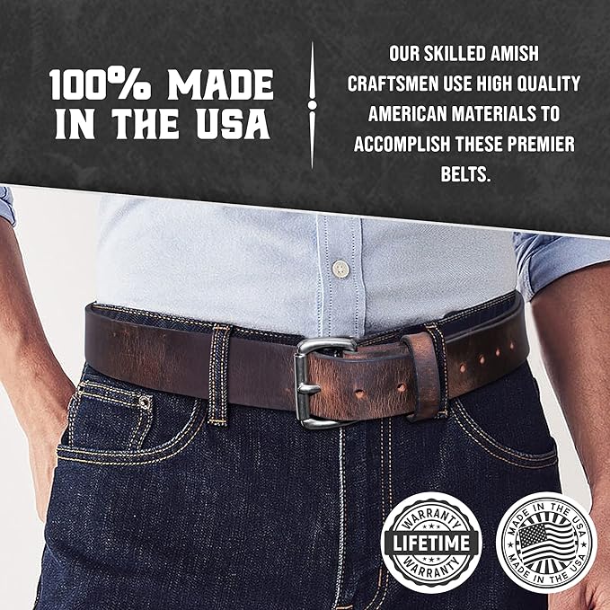 Mens Belts Leather Veg Oil Tan, Genuine Buffalo Leather Handmade By Amish, 1.5 Inch Wide & 3.6mm Thickness TOPNOTCH WORLD