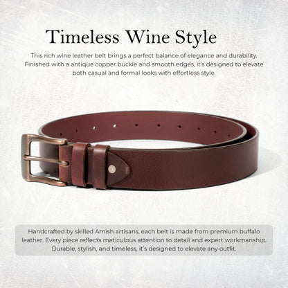 Mens Belts Leather Full Grain, Buffalo Leather, Handmade By Amish, (38mm) Width & (3.6mm) Thickness (Wine) TOPNOTCH WORLD
