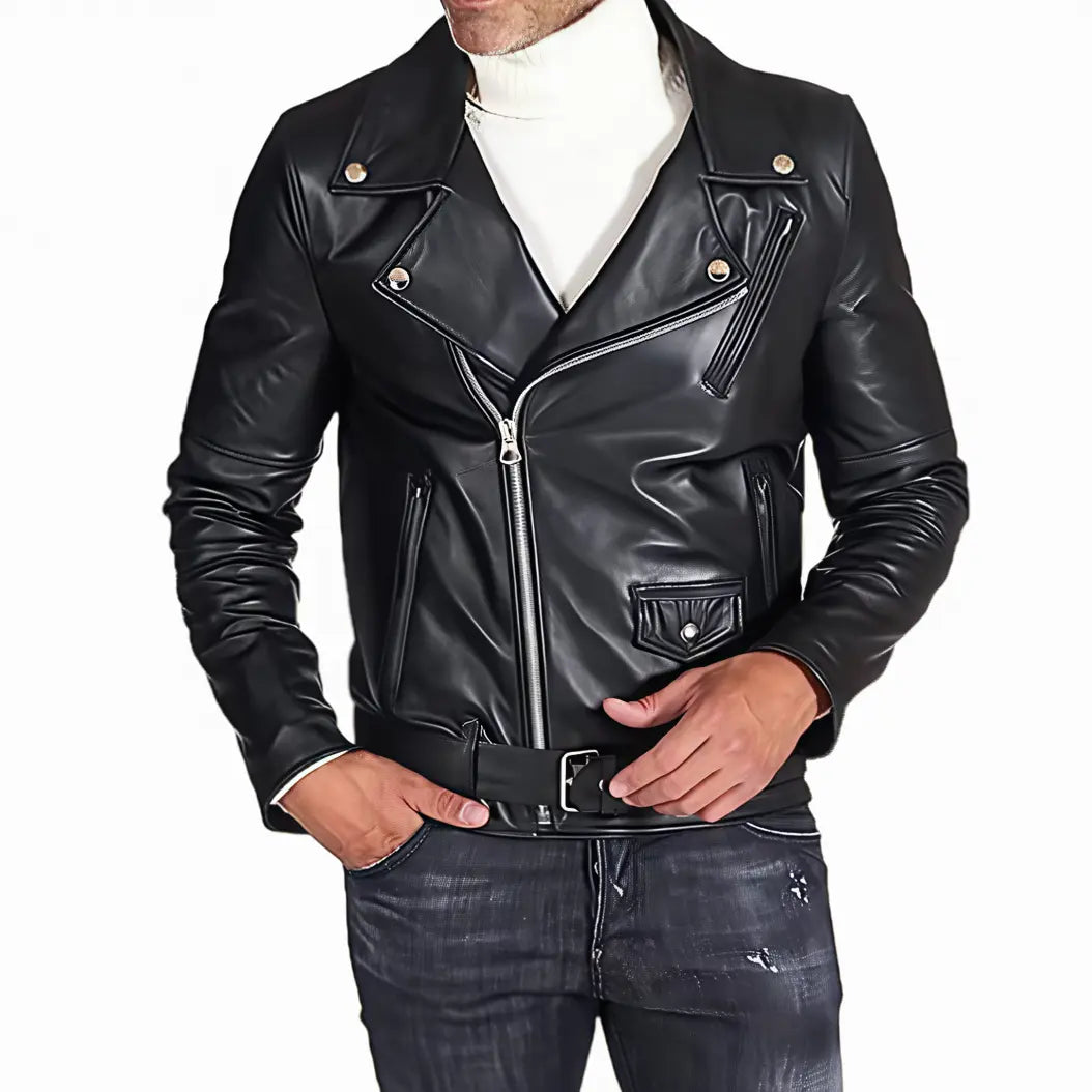 Men's Brando Leather Jacket TN3BK Asymmetrical Cafe Racer Style Short Length Genuine Real Sheepskin Black Color with YKK Zips & Multiple Pockets