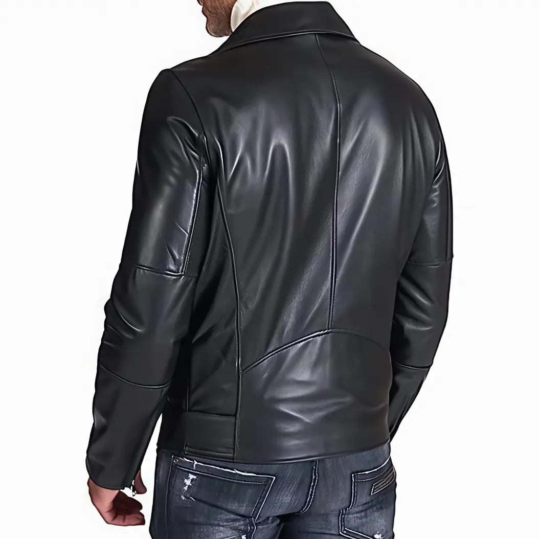 Men's Brando Leather Jacket TN3BK Asymmetrical Cafe Racer Style Short Length Genuine Real Sheepskin Black Color with YKK Zips & Multiple Pockets