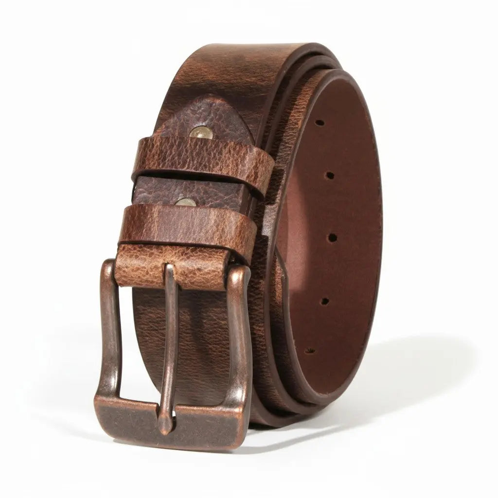 American Made Full Grain Buffalo Leather Belt in Brown with Antique Buckle