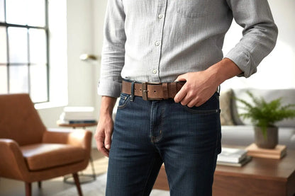 American Made Full Grain Buffalo Leather Belt in Brown with Antique Buckle