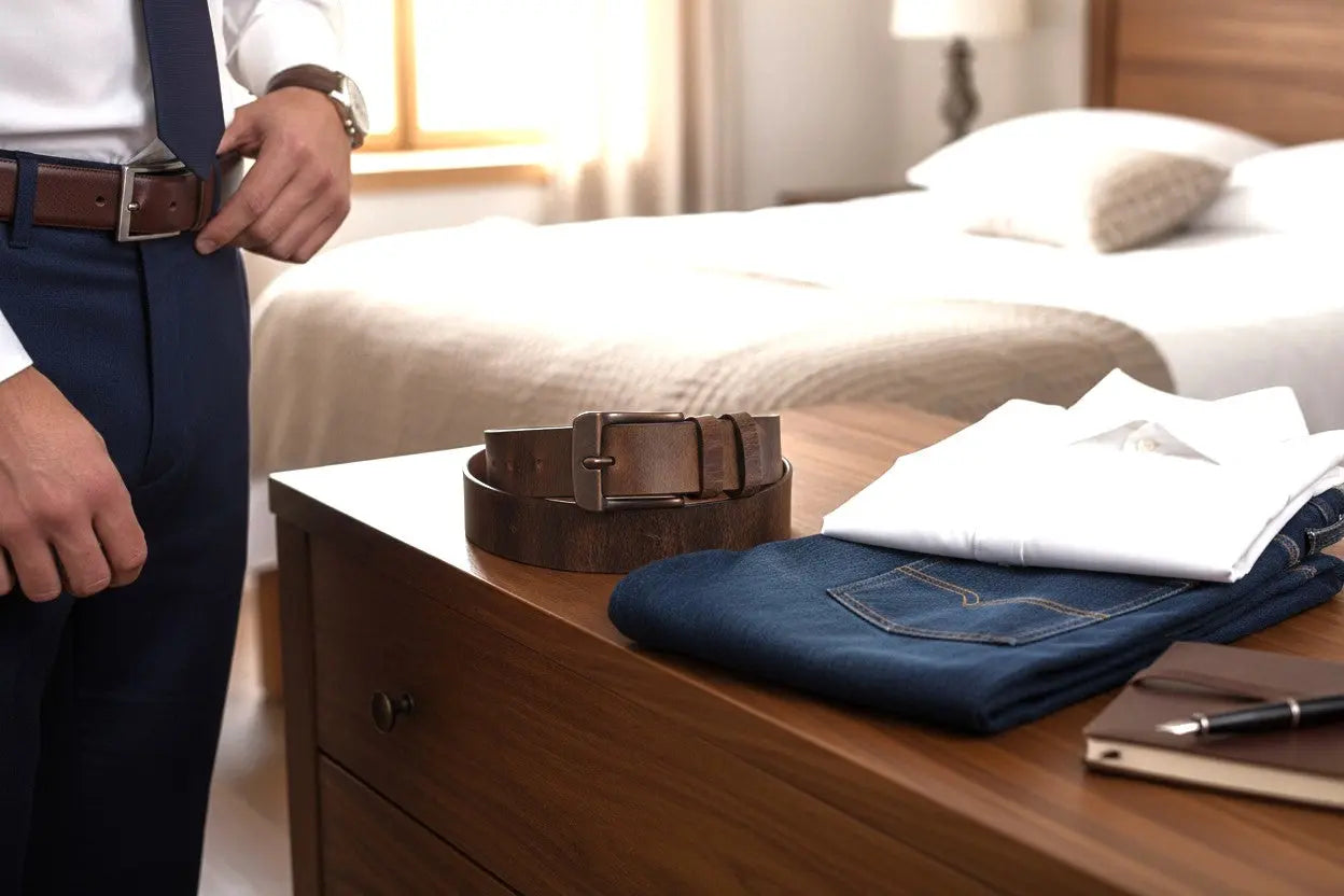 American Made Full Grain Buffalo Leather Belt in Brown with Antique Buckle