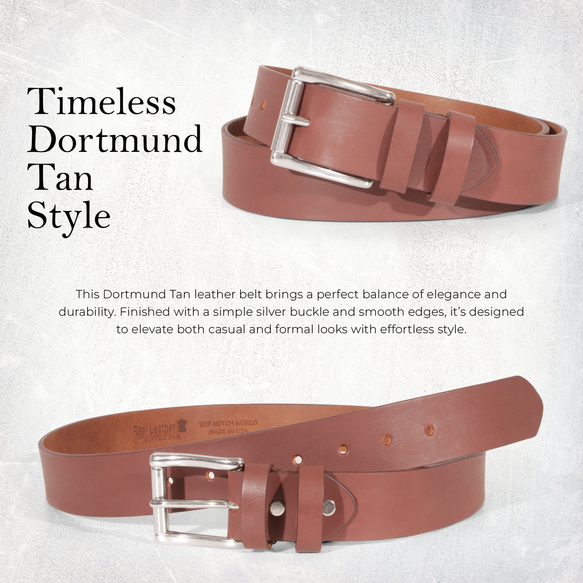 Mens Belts Leather Full Grain, Buffalo Leather, Handmade By Amish, (38mm) Width & (3.6mm) Thickness (Dortmund Tan) TOPNOTCH WORLD