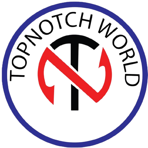 Logo of TopNotch World with a red, black, and blue design on a white background