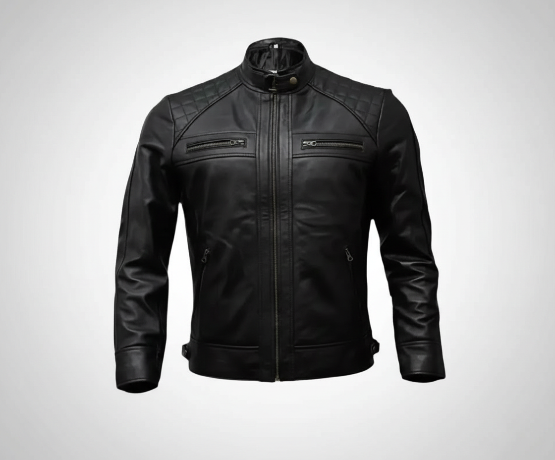 Black leather jacket on a white background