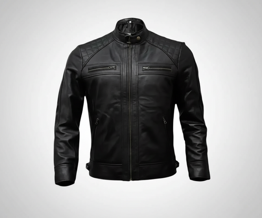 Black leather jacket on a white background