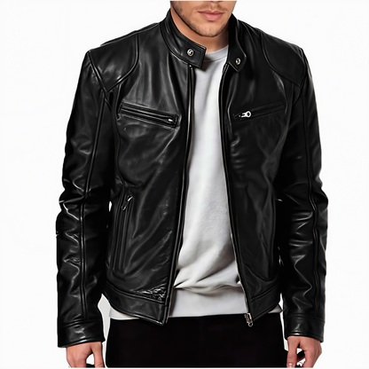 Black leather jacket worn by a person on a white background