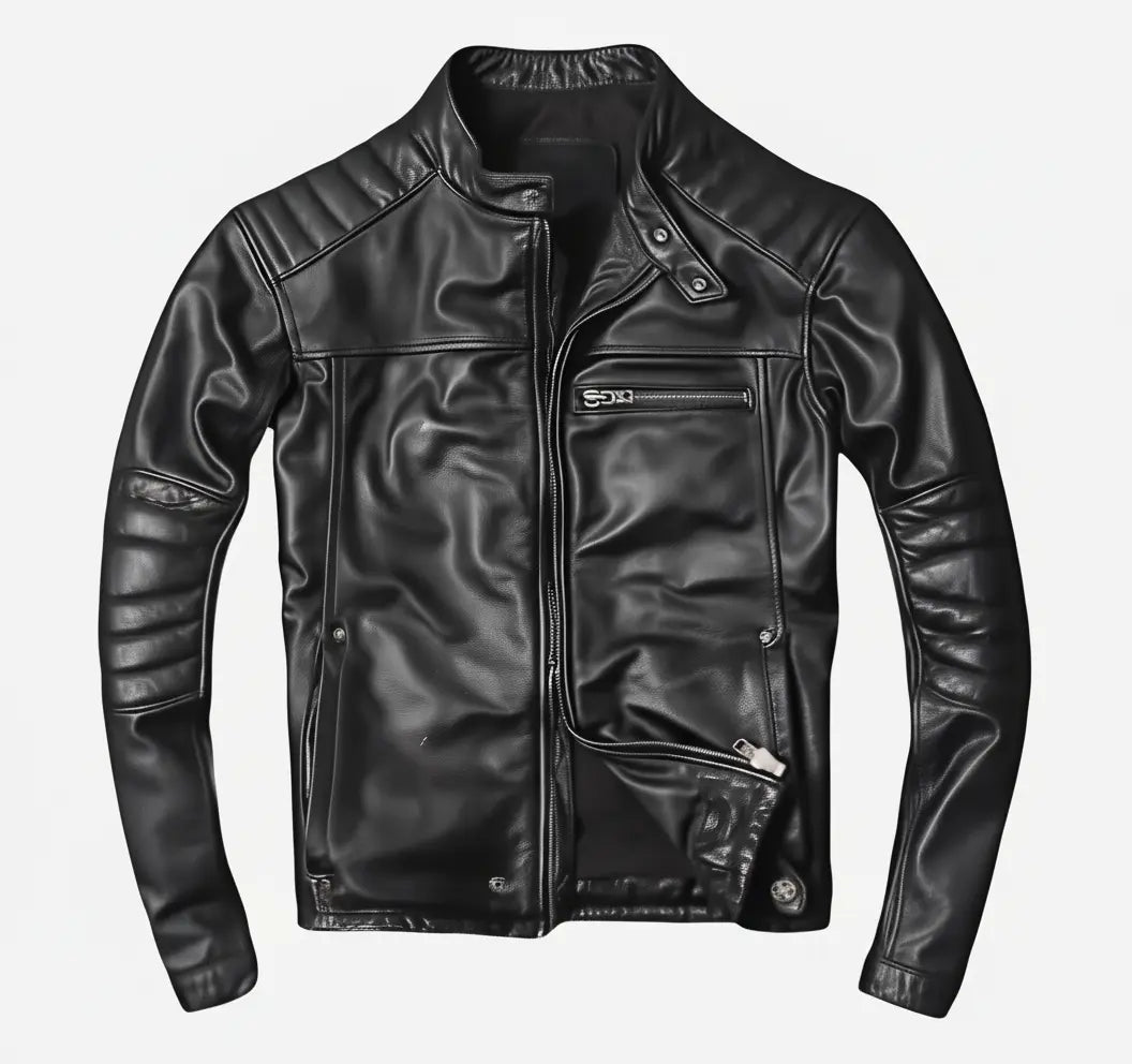 Black leather jacket on a white background
