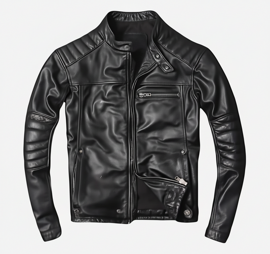 Black leather jacket on a white background