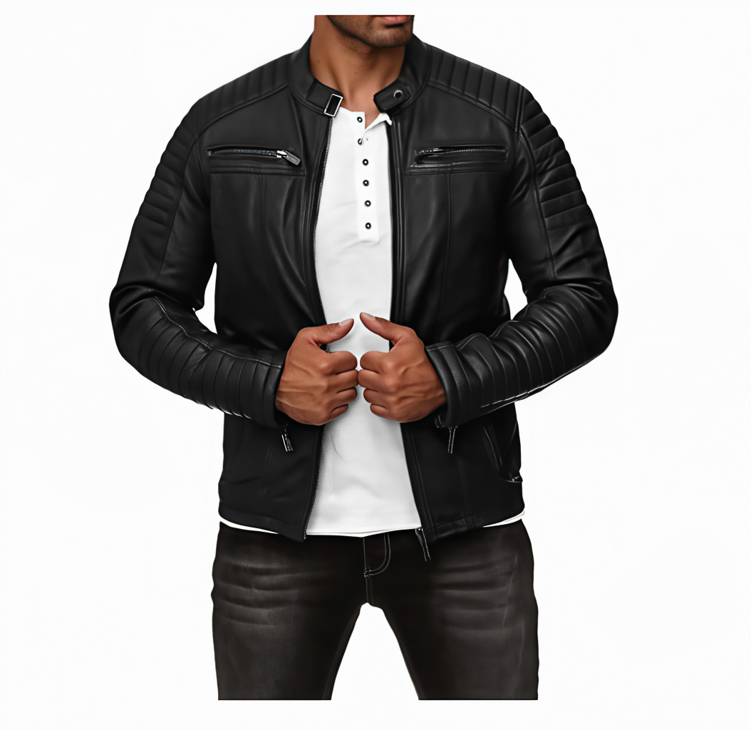 Black leather jacket worn by a person on a white background