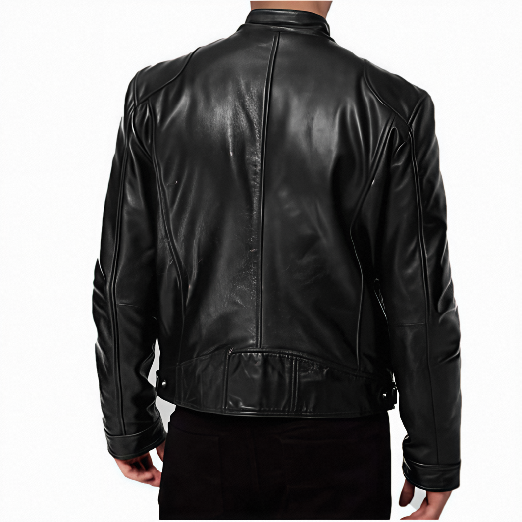 Men's Cafe Racer Style Leather Jacket TN1BK - Short Length Genuine Real Sheepskin Black Color with YKK Zips & Multiple Pockets