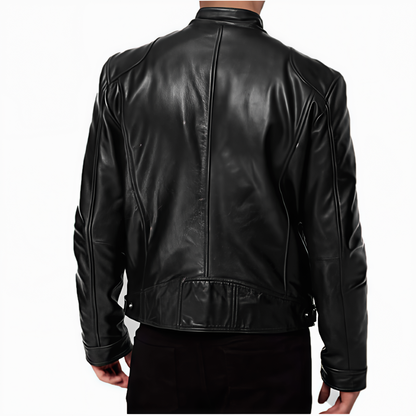 Men's Cafe Racer Style Leather Jacket TN1BK - Short Length Genuine Real Sheepskin Black Color with YKK Zips & Multiple Pockets