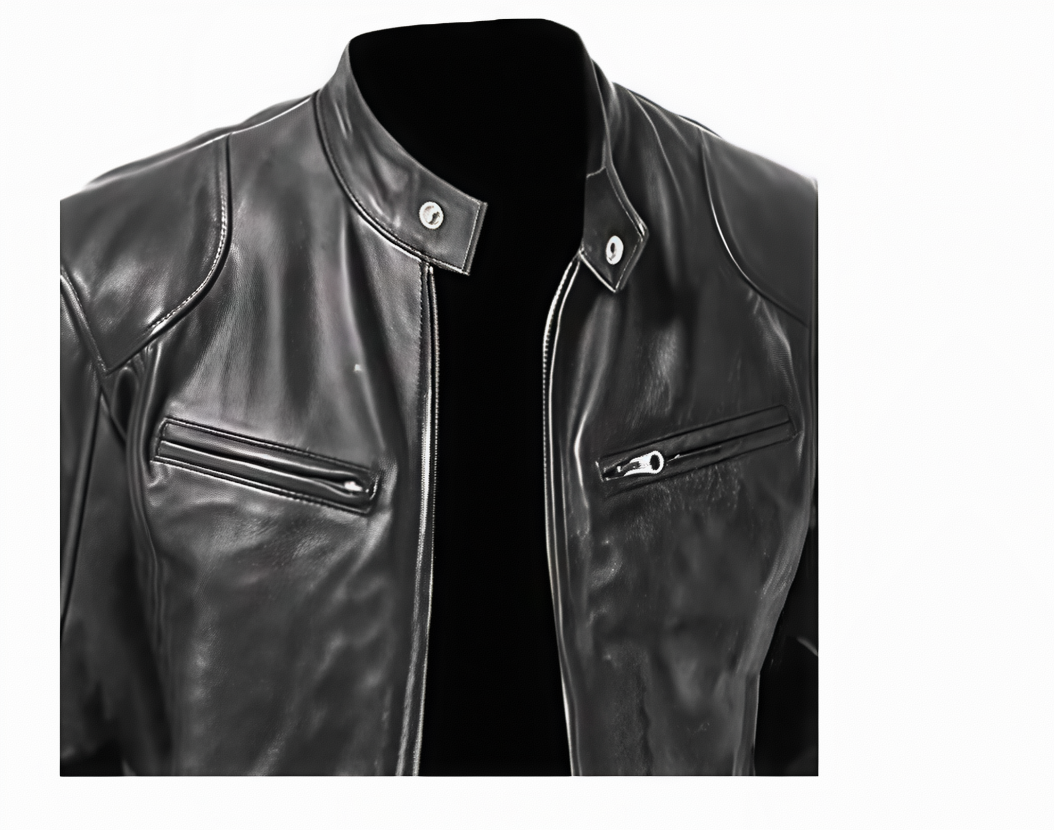 Men's Cafe Racer Style Leather Jacket TN1BK - Short Length Genuine Real Sheepskin Black Color with YKK Zips & Multiple Pockets
