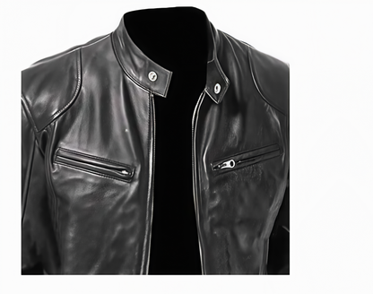 Men's Cafe Racer Style Leather Jacket TN1BK - Short Length Genuine Real Sheepskin Black Color with YKK Zips & Multiple Pockets