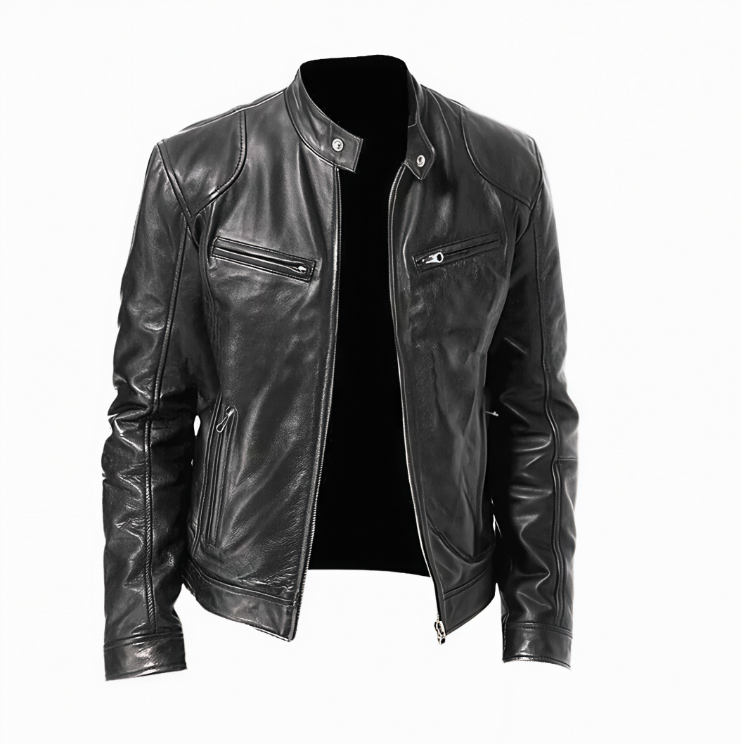 Men's Cafe Racer Style Leather Jacket TN1BK - Short Length Genuine Real Sheepskin Black Color with YKK Zips & Multiple Pockets