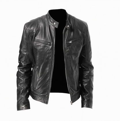 Men's Cafe Racer Style Leather Jacket TN1BK - Short Length Genuine Real Sheepskin Black Color with YKK Zips & Multiple Pockets