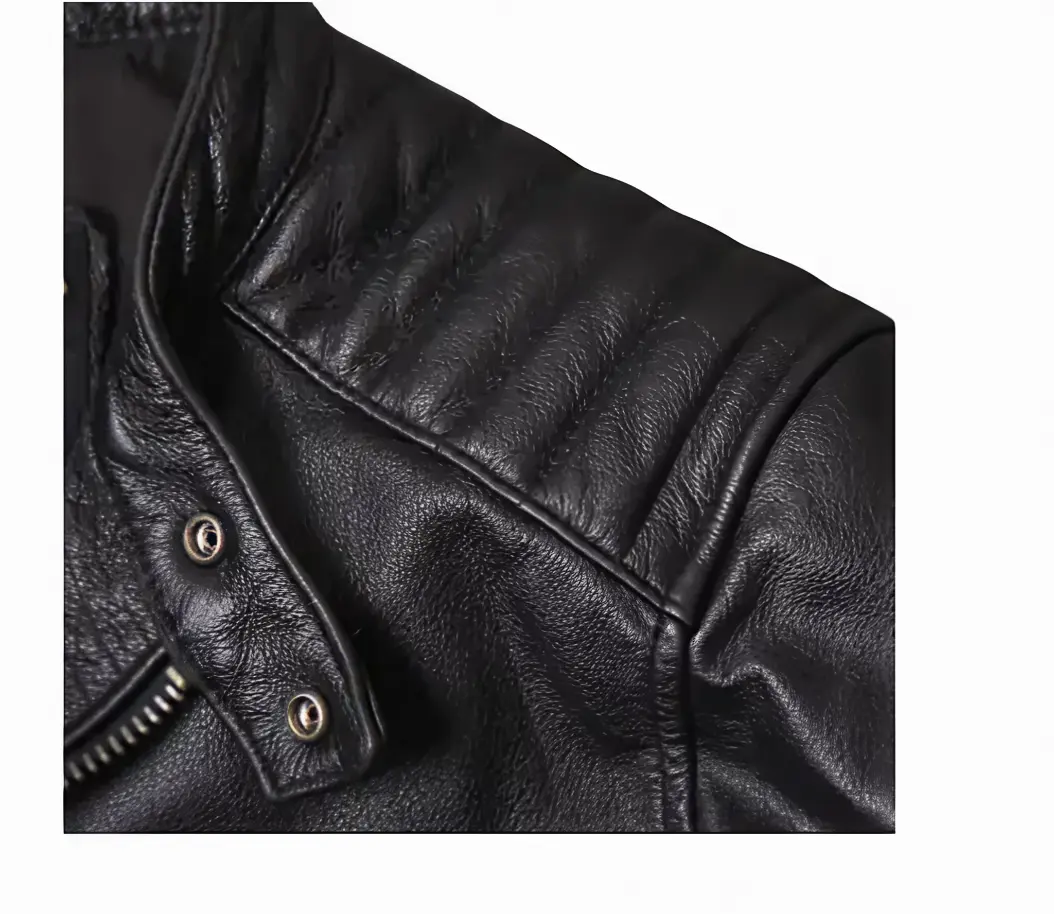 Men's Cafe Racer Style Leather Jacket TN2BK - Short Length Genuine Real Sheepskin Black Color with YKK Zips & Multiple Pockets Embellished shoulders and Elbows