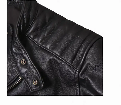 Men's Cafe Racer Style Leather Jacket TN2BK - Short Length Genuine Real Sheepskin Black Color with YKK Zips & Multiple Pockets Embellished shoulders and Elbows