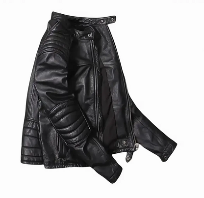 Men's Cafe Racer Style Leather Jacket TN2BK - Short Length Genuine Real Sheepskin Black Color with YKK Zips & Multiple Pockets Embellished shoulders and Elbows