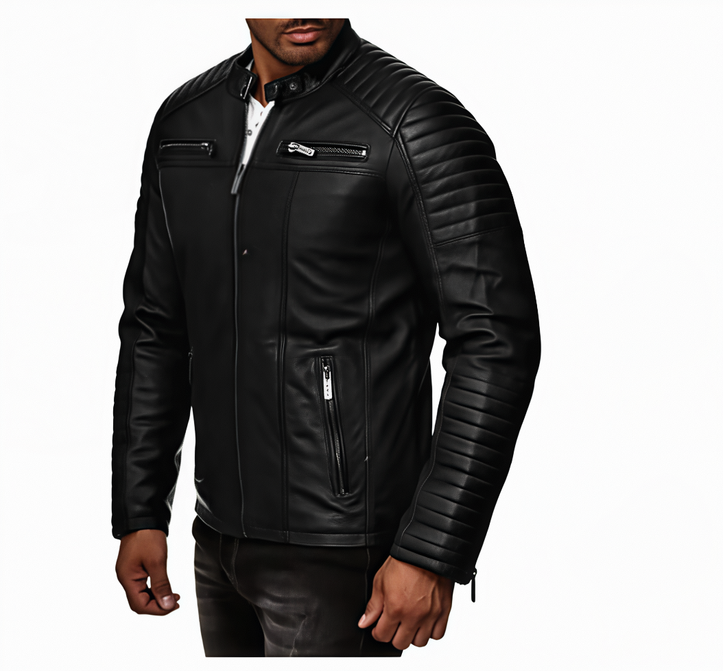 Men's Cafe Racer Style Leather Jacket TN5BK Genuine Sheepskin Leather Black Color Embellished Shoulders and Arms with YKK Zips