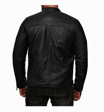 Men's Cafe Racer Style Leather Jacket TN5BK Genuine Sheepskin Leather Black Color Embellished Shoulders and Arms with YKK Zips