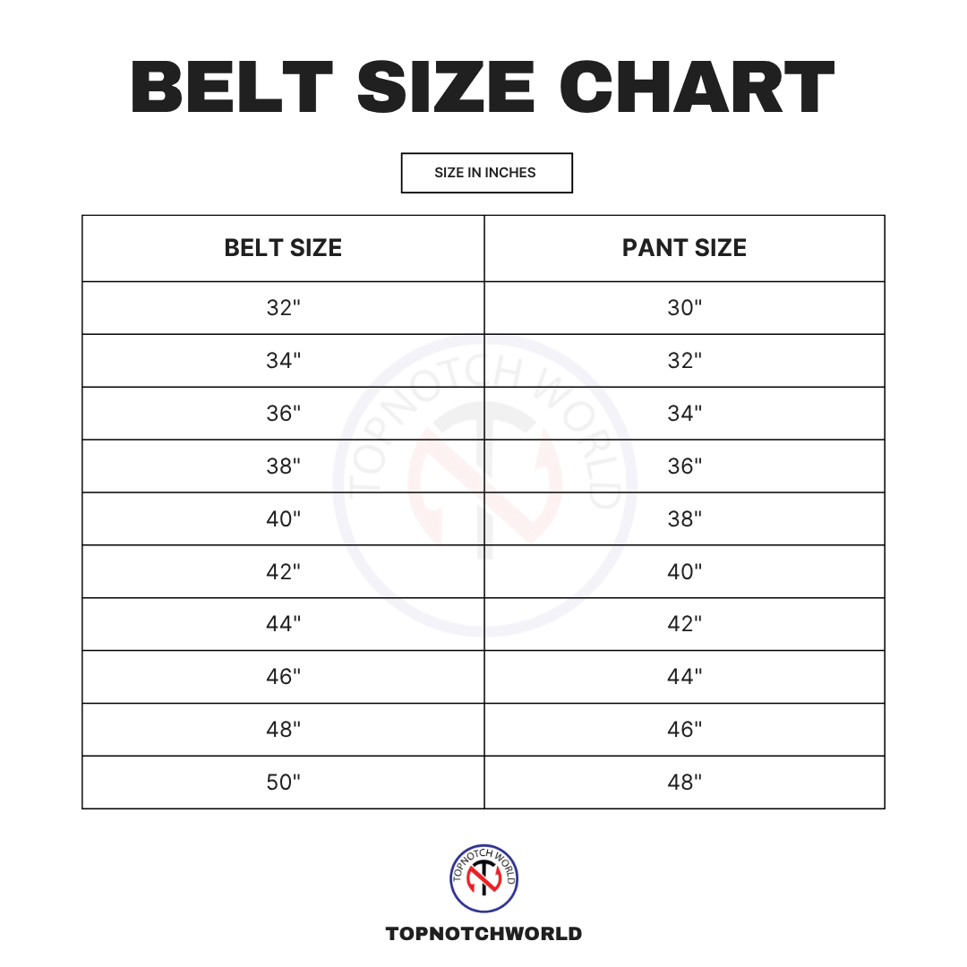 Belt size chart with corresponding pant sizes on a white background, featuring the TopNotchWorld logo.
