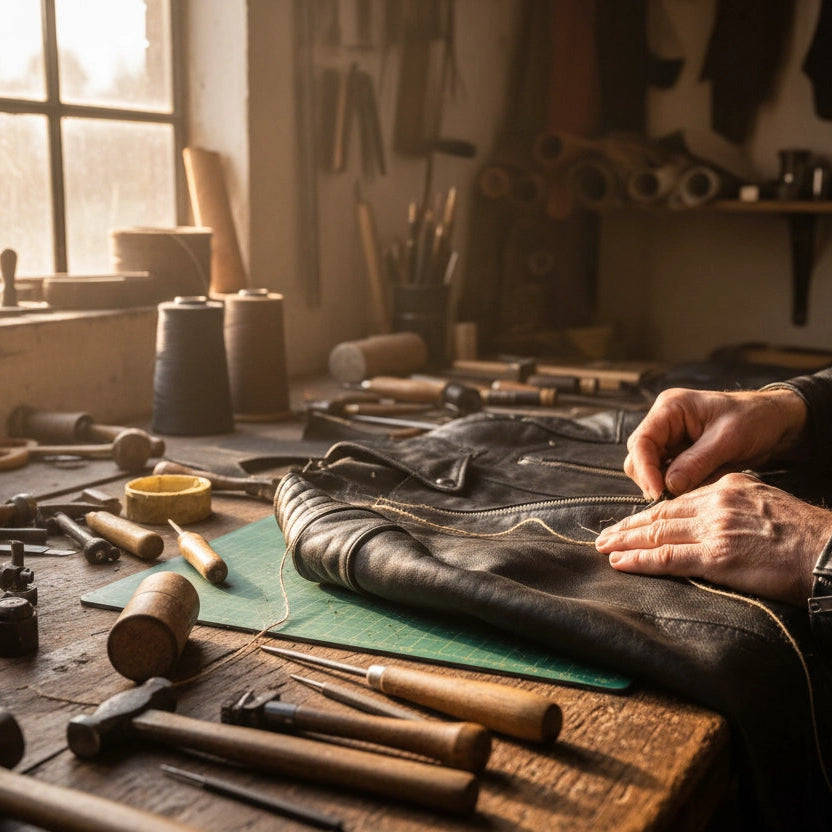 Man working with leather in a workshop filled with tools and materials.