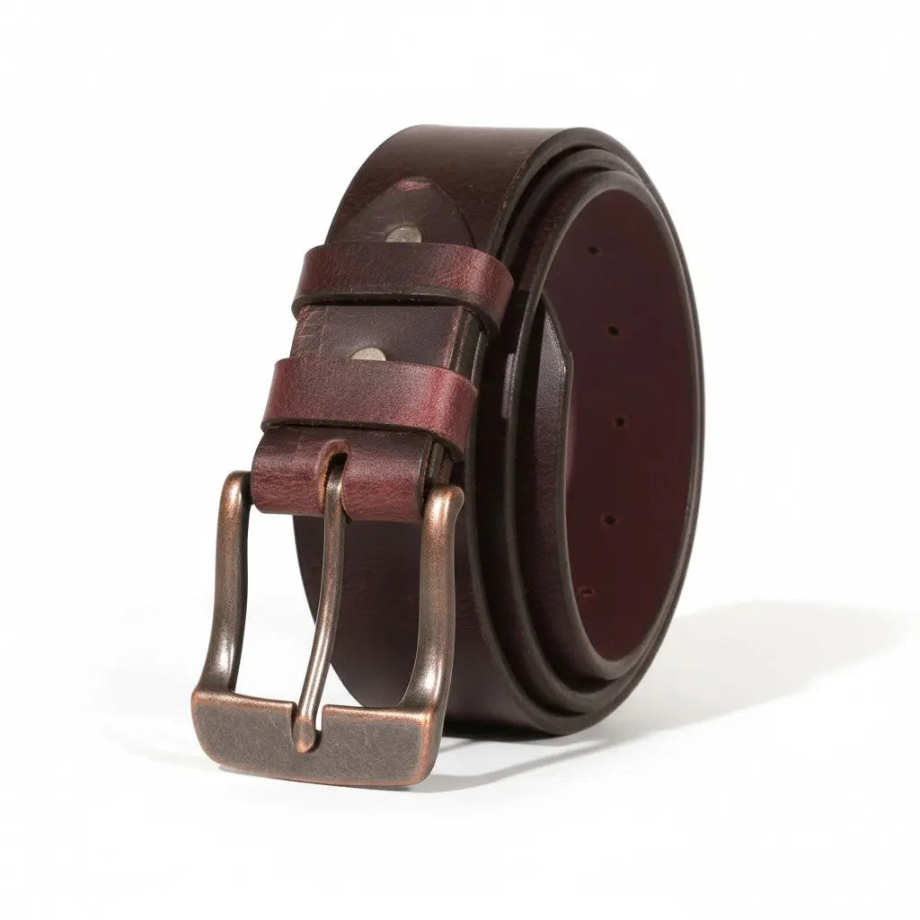 American Made Full Grain Buffalo Leather Belt in Wine with Antique Buckle