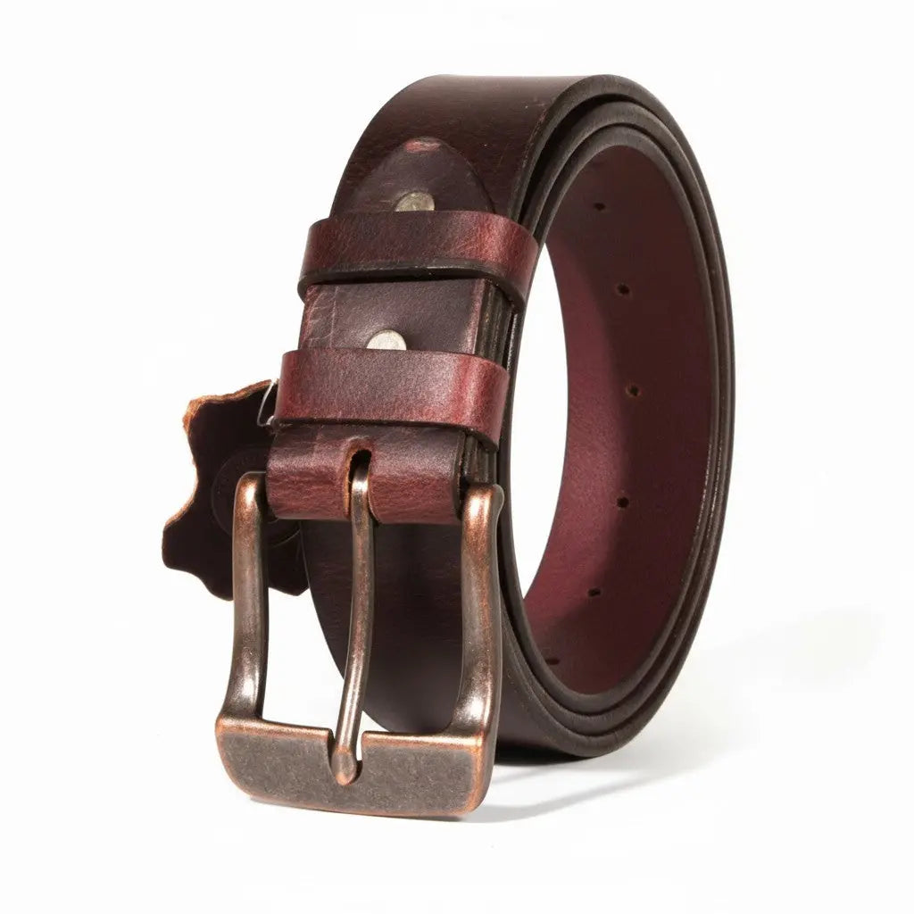 American Made Full Grain Buffalo Leather Belt in Wine with Antique Buckle