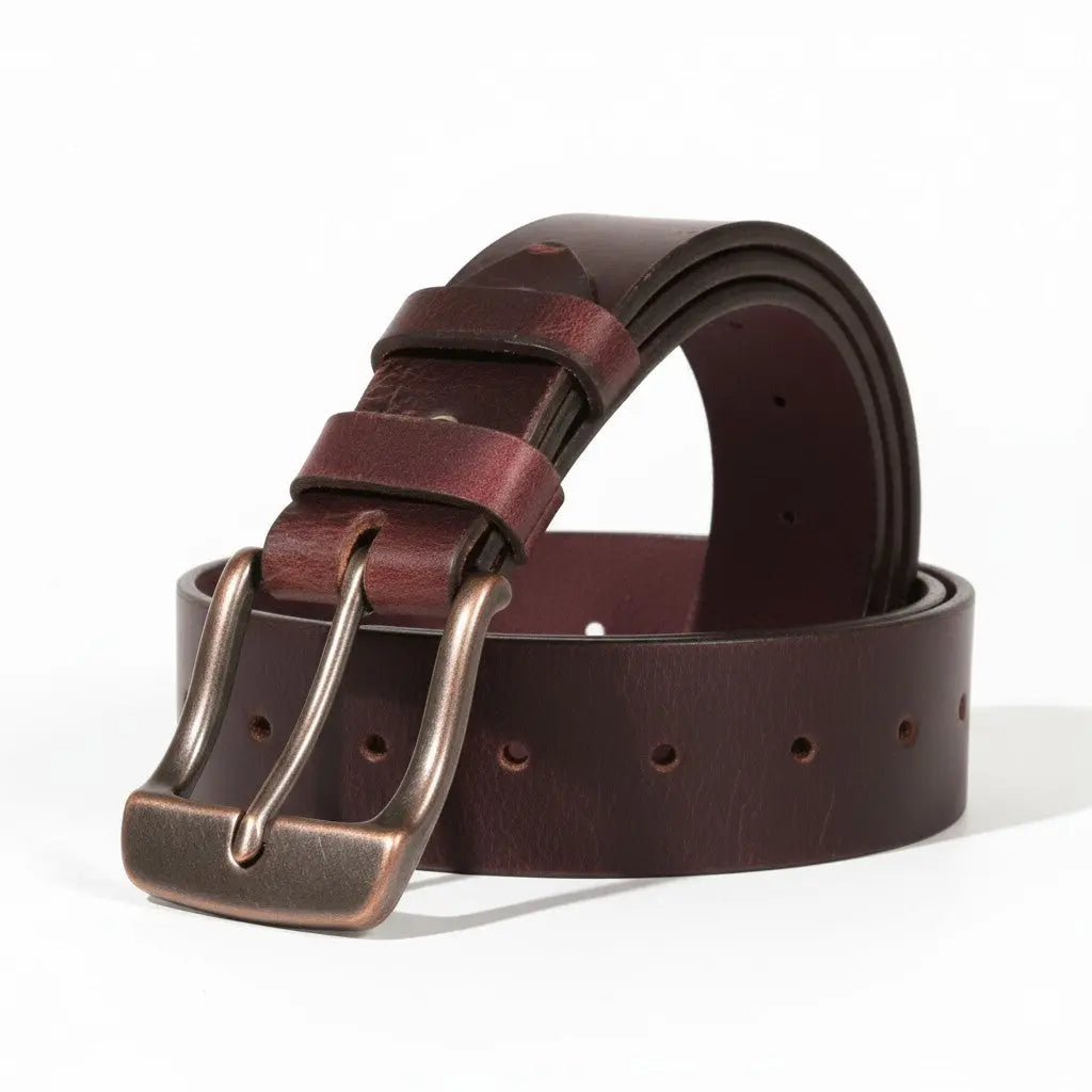 American Made Full Grain Buffalo Leather Belt in Wine with Antique Buckle