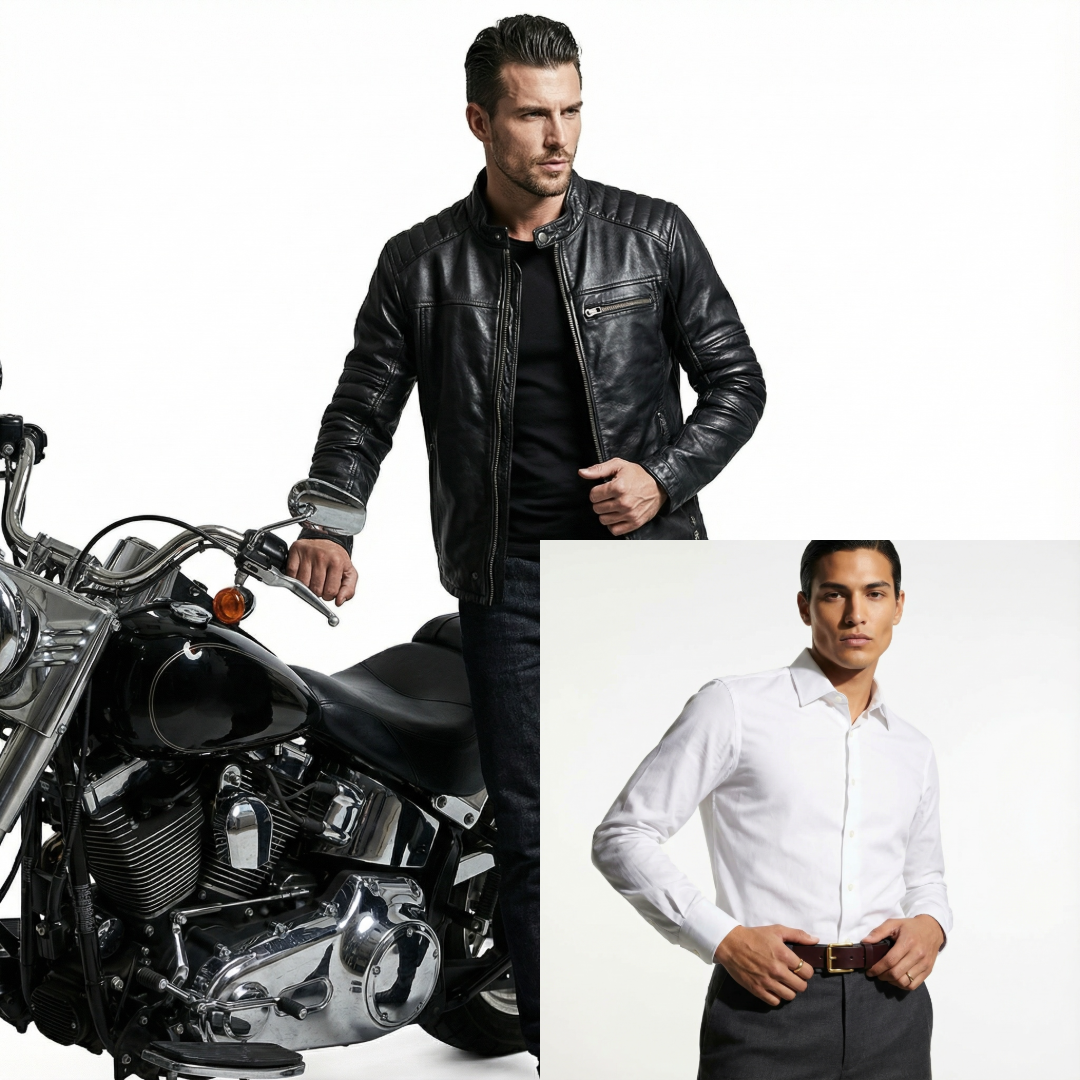 Man in black leather jacket next to a motorcycle, with a smaller inset of a man in a white shirt.