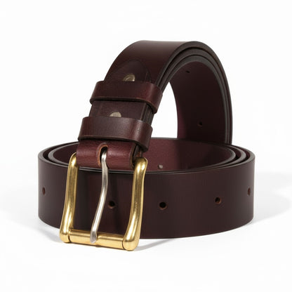 Brown leather belt with a gold buckle on a white background