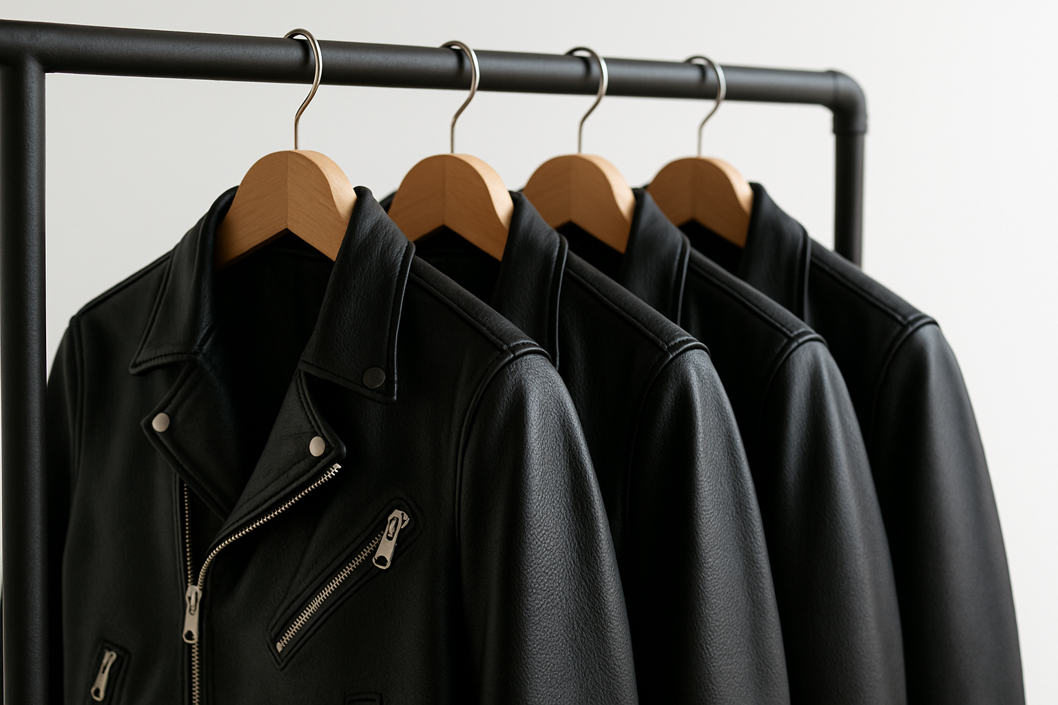 A row of men’s black genuine leather jackets hanging on wooden hangers, photographed from a side angle on a clothing rack against a clean white background. The image should have a square (1:1) ratio, showing 3–5 jackets to create a stylish, premium look. Each jacket should appear high-quality with visible leather texture, detailed stitching, and metallic zippers. Soft natural lighting, minimal shadows, professional studio product photography style, suitable for a Shopify collection banner.