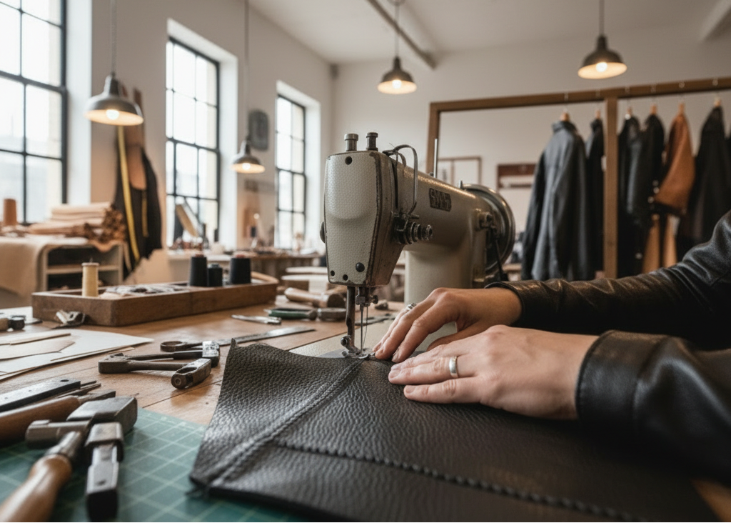 A skilled artisan handcrafting a premium black leather jacket in a well-lit workshop, sewing machine and leather tools visible, high-detail textures on leather, modern rustic studio, cinematic lighting, focus on hands and stitching, professional photography style.