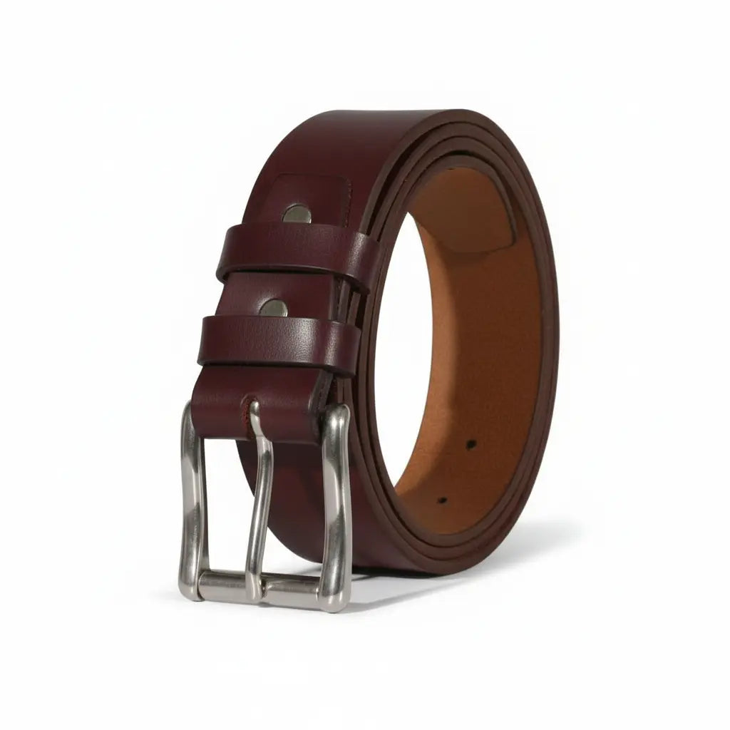 American Made Full Grain Buffalo Leather Belt in Burgundy with Silver Buckle TOPNOTCH WORLD
