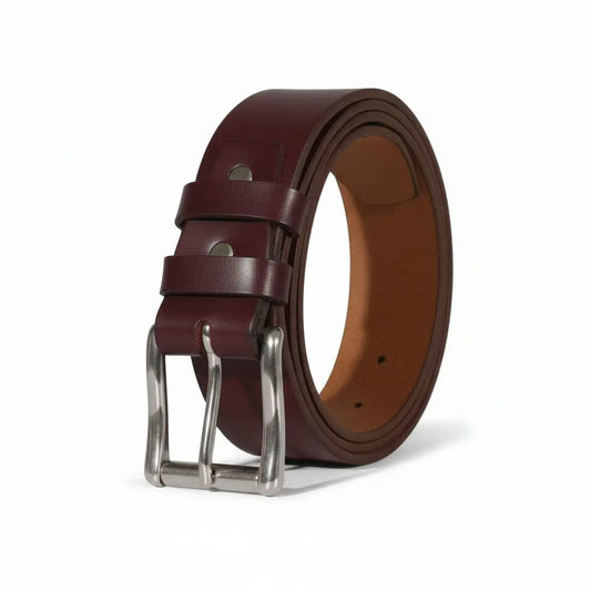 American Made Full Grain Buffalo Leather Belt in Burgundy with Silver Buckle TOPNOTCH WORLD