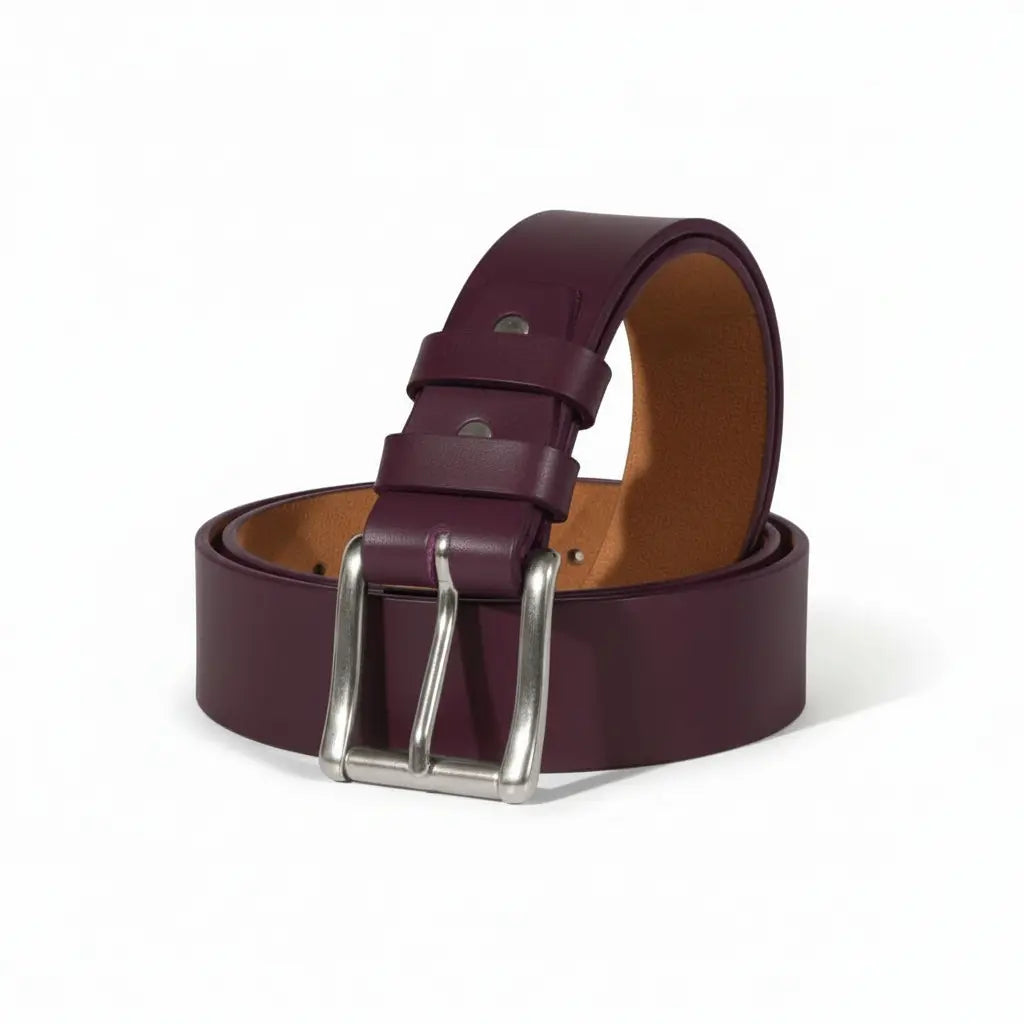 American Made Full Grain Buffalo Leather Belt in Burgundy with Silver Buckle TOPNOTCH WORLD