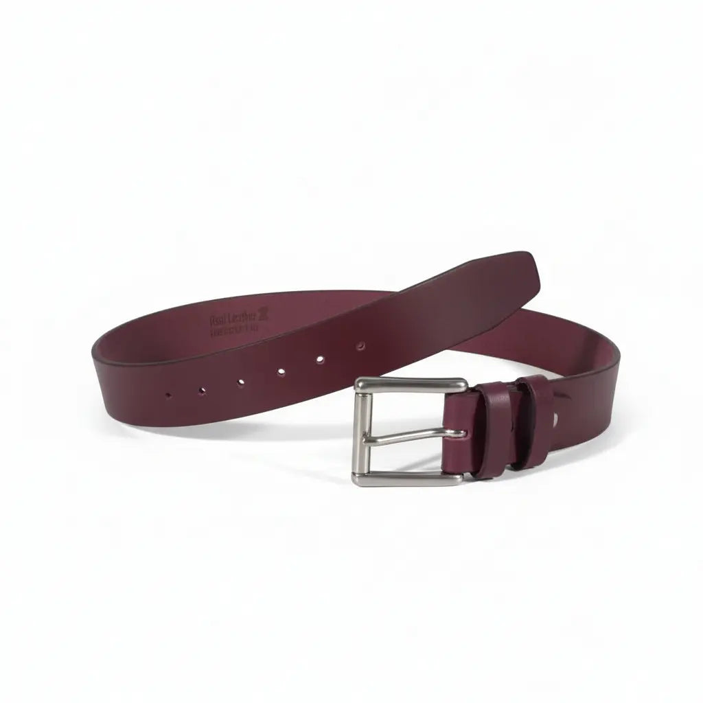 American Made Full Grain Buffalo Leather Belt in Burgundy with Silver Buckle TOPNOTCH WORLD