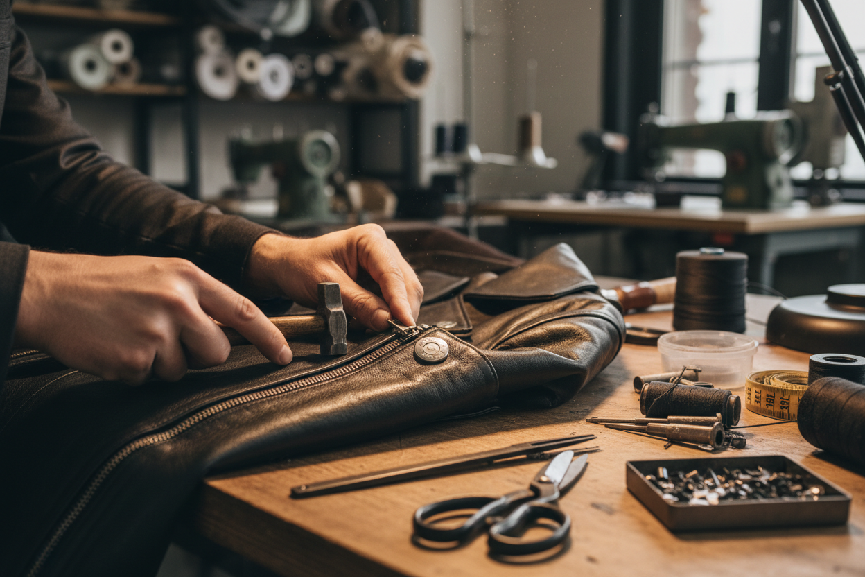 Craftsman installing YKK zippers and metal snaps on a black leather jacket, close-up on hardware precision, tools scattered around, rich leather texture, high-detail workshop environment, realistic studio photography, artisan assembling luxury outerwear.