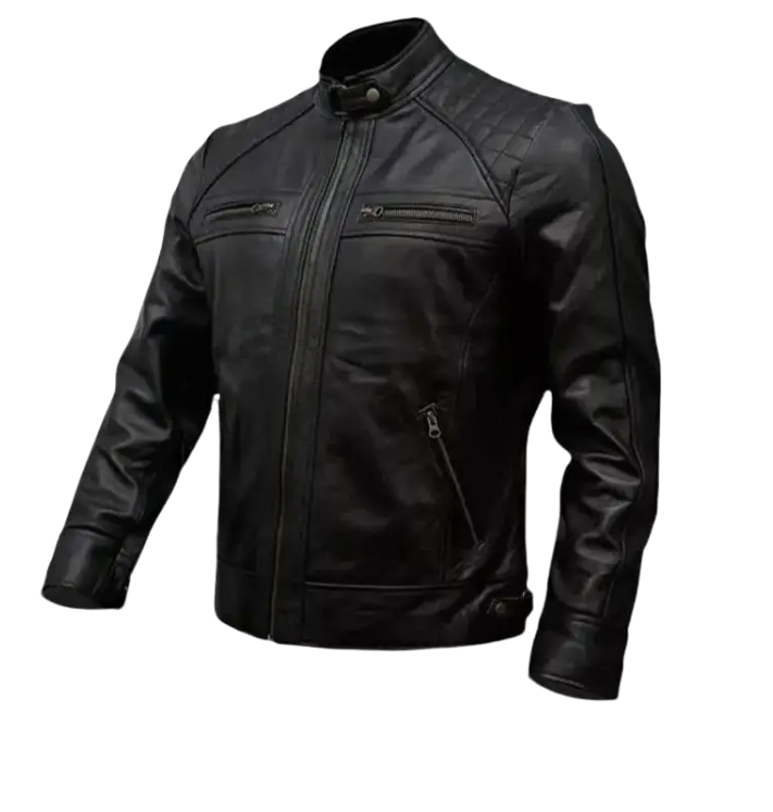 Men's Cafe Racer Style Leather Jacket Real Sheepskin Leather Black Color with Embellished Shoulders YKK Zips & Multiple Pockets TN6BK