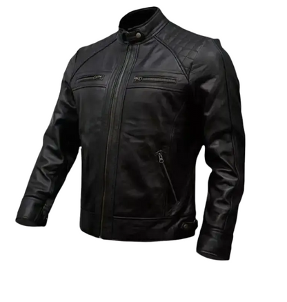 Men's Cafe Racer Style Leather Jacket Real Sheepskin Leather Black Color with Embellished Shoulders YKK Zips & Multiple Pockets TN6BK