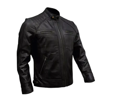 Men's Cafe Racer Style Leather Jacket Real Sheepskin Leather Black Color with Embellished Shoulders YKK Zips & Multiple Pockets TN6BK