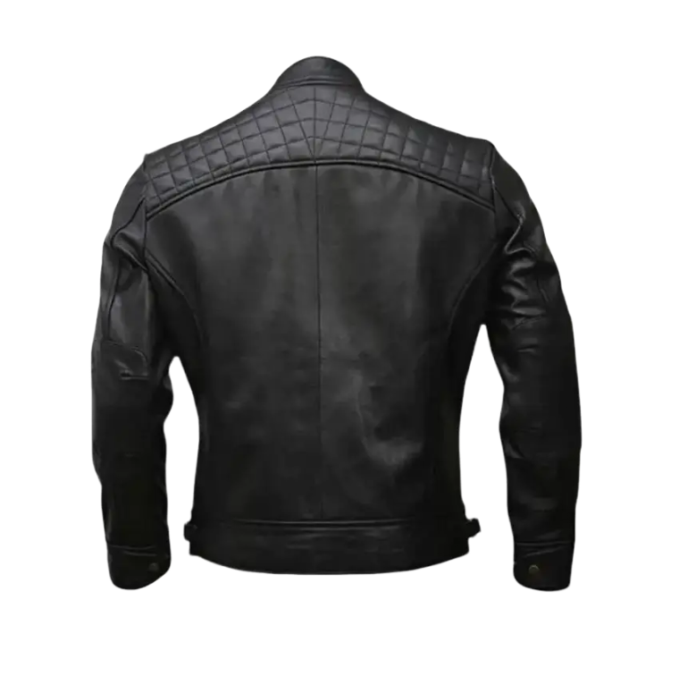 Men's Cafe Racer Style Leather Jacket Real Sheepskin Leather Black Color with Embellished Shoulders YKK Zips & Multiple Pockets TN6BK