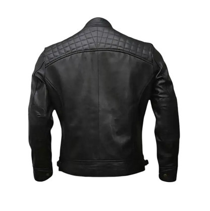 Men's Cafe Racer Style Leather Jacket Real Sheepskin Leather Black Color with Embellished Shoulders YKK Zips & Multiple Pockets TN6BK