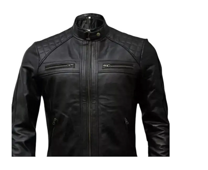 Men's Cafe Racer Style Leather Jacket Real Sheepskin Leather Black Color with Embellished Shoulders YKK Zips & Multiple Pockets TN6BK